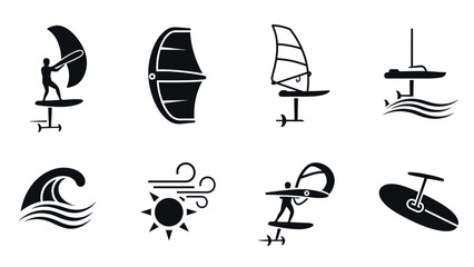 Silhouette icons of windsurfing and water sports activities