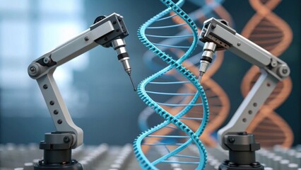 Two robotic arms interact with a blue DNA double helix, symbolizing the intersection of technology and genetics in modern science.