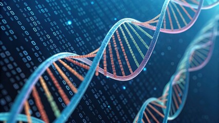 A vibrant, digital representation of a DNA double helix, surrounded by binary code, illustrating the intersection of biology and technology.