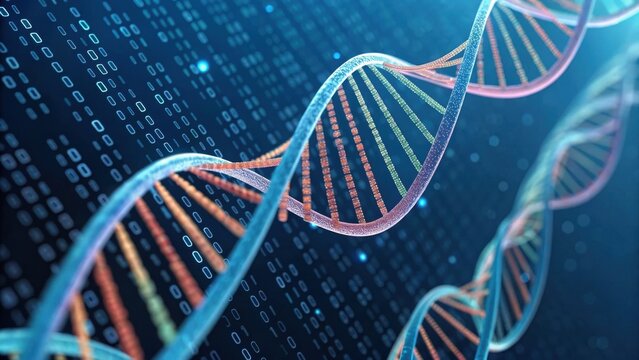 A vibrant, digital representation of a DNA double helix, surrounded by binary code, illustrating the intersection of biology and technology. - Powered by Adobe