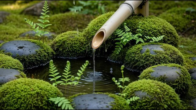 Tranquil water feature with bamboo spout and green mossy stones