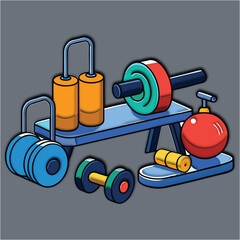 A colorful wooden toy train locomotive next to a sport icon dumbbell on a white isolated background
