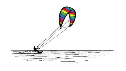 Kitesurfer silhouette gliding with vibrant parachute over waves in ink sketch style