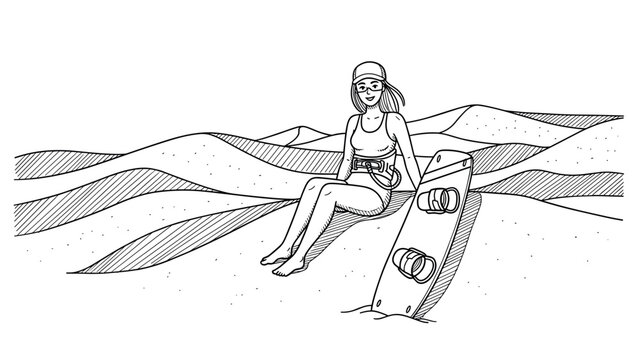 Woman sandboarding on dunes: black and white line art adventure scene