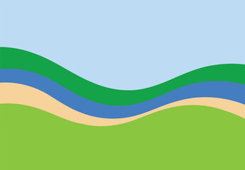 Abstract flowing landscape with gentle rolling hills of green grass a winding blue river and a sandy beige path under a clear pale blue sky