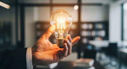 Hand holding a light bulb that is shining. Personal growth and development. Business and education concept.