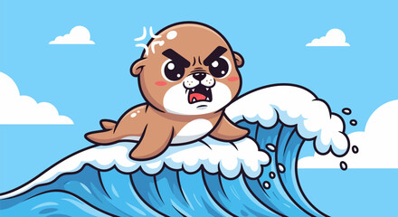 Angry otter riding a wave with a determined expression on its face.