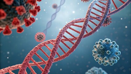 An intricate illustration of DNA strands intertwined with virus particles, showcasing the microscopic world of genetics and pathogens.