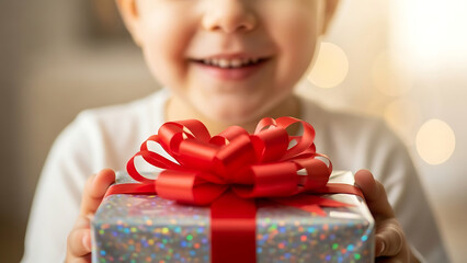 child holds gift box with red ribbon