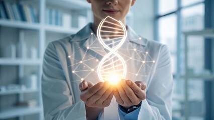 A scientist holds a glowing DNA helix, symbolizing research and innovation in genetics and biotechnology.