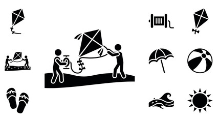 Silhouette kite flying with beach elements: umbrella, ball, and flip flops