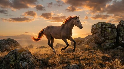 Fototapeta premium Majestic Horse with Fiery Tail at Mountain Sunset Landscape 