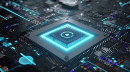 Futuristic ai chip glowing hud cyber circuit neon processor tech background digital motherboard blue light data grid abstract hardware high tech vibe pulsates across cyber circuit and digital