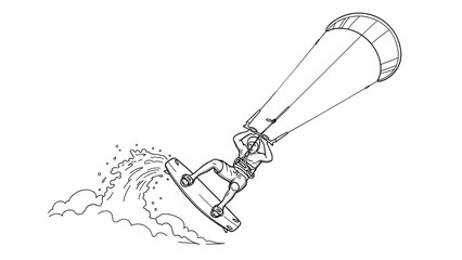 Dynamic kiteboarding adventure: black and white line art depiction of extreme sport action