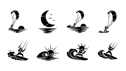 Obraz premium Dynamic kitesurfing silhouette collection featuring wave and sunset elements