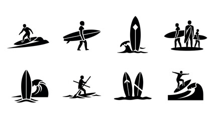Fototapeta premium Silhouette surfing icons set: surfboards, waves, and surfers in action
