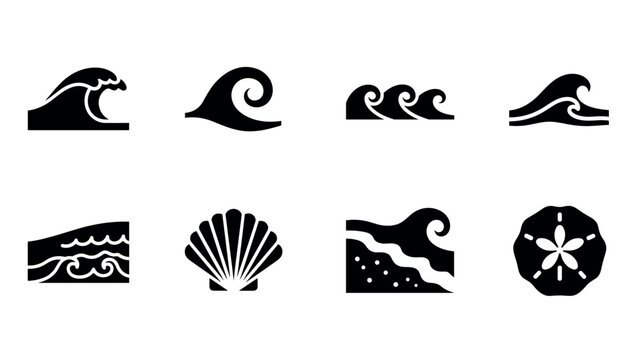 Ocean icons set: wave, shell, and sand dollar silhouettes for beach designs