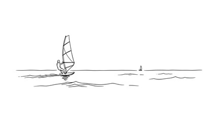 Obraz premium Minimalist line drawing of windsurfer on calm sea with distant sailboat