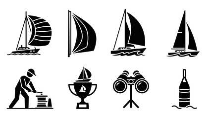 Fototapeta premium Nautical silhouette icons: sailing boats, trophy, sailor, binoculars, buoy