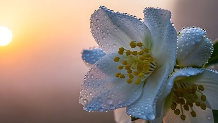 Dewy White Christmas Rose (Helleborus niger) at Sunrise