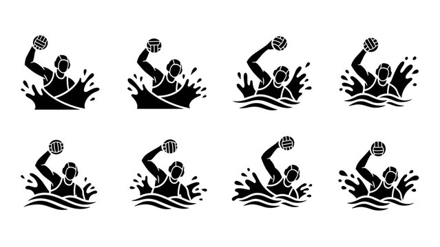 Water polo athlete icons: silhouette designs with splash effects for sport logos and graphics