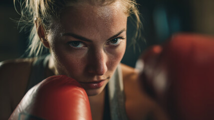 Focused female boxer red gloves sweat determination gym closeup intense training sport strength
