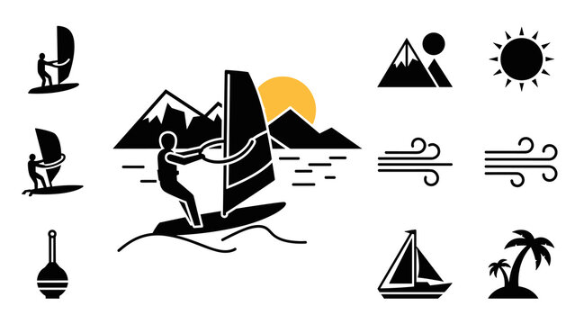 Minimalist windsurfing adventure with mountains and sun design elements - Powered by Adobe