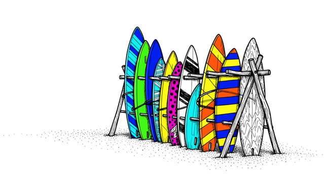 Colorful surfboards in a line drawing style resting on a beach stand