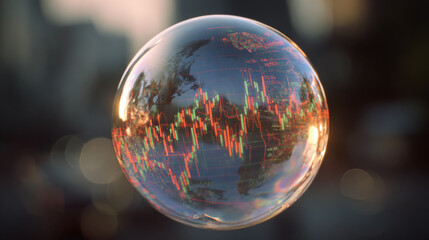 Stock market bubble transparent sphere candlestick chart finance concept economic risk city bokeh investment data volatility recession fear speculative asset reflects urban blur in fragile calm