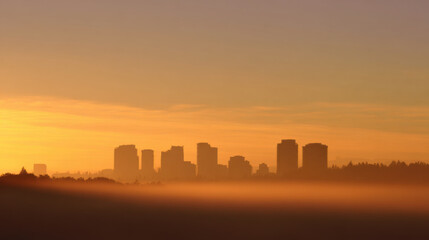 Minimal skyline dawn light warm mist city silhouette sunrise glow urban horizon soft haze golden sky tranquil mood morning fog fills frame with dreamy calm