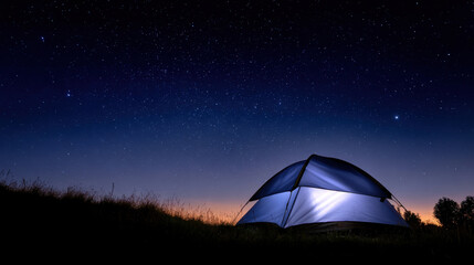 Starry sky night camping tent silhouette dark meadow twilight horizon glowing shelter outdoor adventure peaceful nature clear constellation summer night serenity starry sky inspires wanderlust