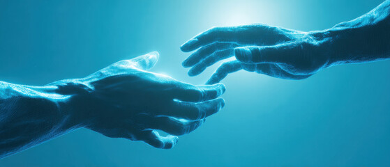 Futuristic hand human hand robot hand blue light digital art technology connection touch cybernetic silhouette Emotive scene of futuristic hand meeting human hand blue light, digital art capturing