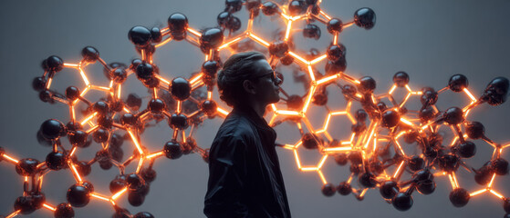 Futuristic concept art portrait silhouette scientist profile neon molecule network cyberpunk lighting abstract science glowing chemistry innovation technology research