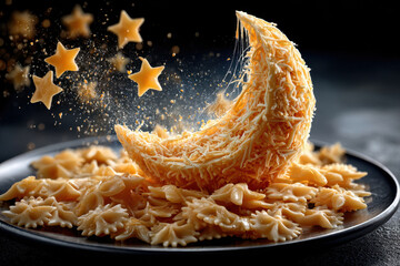 Creative pasta dish shaped like a moon with star-shaped pasta on a dark background