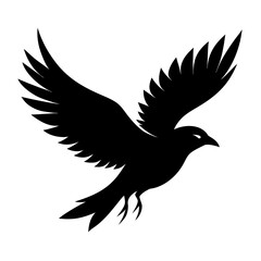 Black silhouette of a crow in flight with wings spread wide silhouette