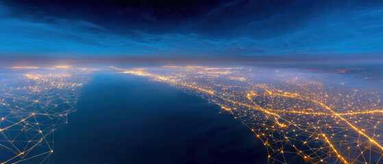 Panoramic cyber grid global network shipping routes glowing lights coastal city night sky ocean horizon aerial view data connections smart infrastructure Emotive awe flows through vast coastal