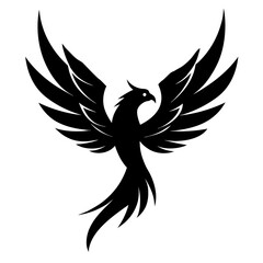 Mythical black phoenix bird with outstretched wings silhouette