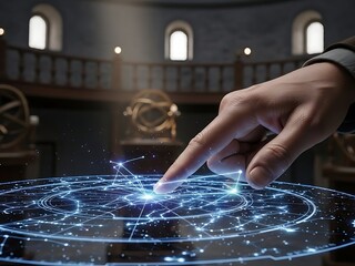 Hand Touching Digital Constellation Map in Historic Observatory