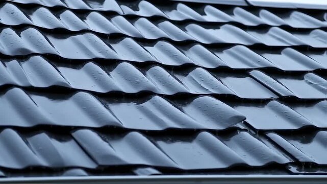 Close-up of wet, dark-gray roofing tiles
