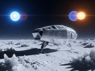 Spaceship on Alien Planet with Binary Stars and Crystal Landscape