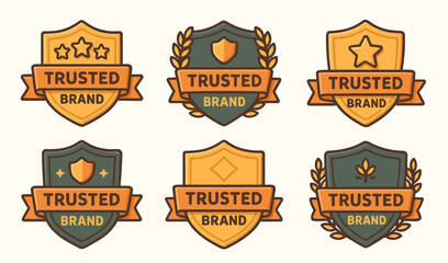 Trusted brand badges featuring shields, stars and laurel branches in warm and muted tones. Each icon highlights trust, reliability and product reputation through decorative shapes