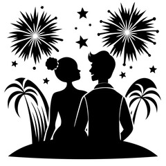 Romantic couple watching fireworks under palm trees silhouette