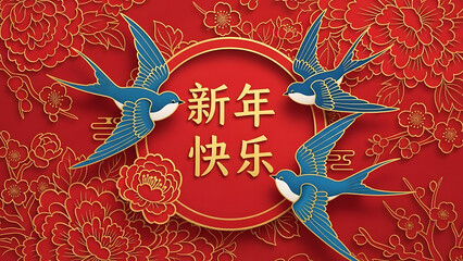 Vibrant Chinese New Year illustration with three elegant swallows flying over golden floral patterns on a festive red background, conveying wishes for prosperity and joy