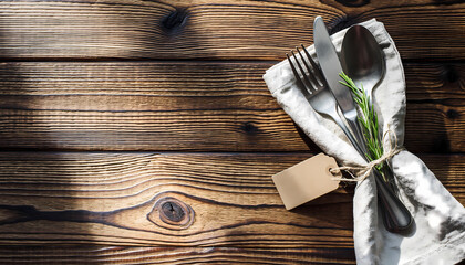 Elegant table setting with cutlery and napkin on rustic wooden surface for dining or event decor.