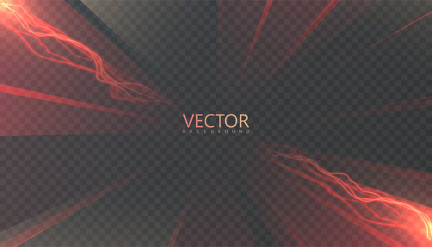Glowing red energy background with lightning lines and radial light rays on dark transparent field. Suitable for dynamic banners, technology themes, gaming and dramatic design.