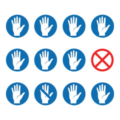 Hand injury warning signs collection: caution, safety, prohibition icons