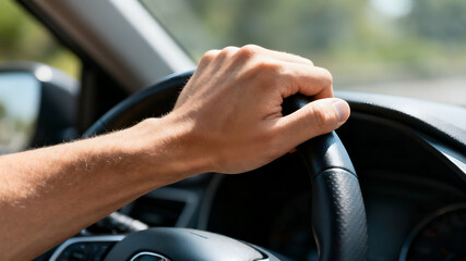 Naklejka premium A hand gripping the steering wheel of a car while driving. Suitable for themes related to transportation, travel, and automotive.