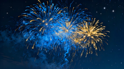 A vibrant display of blue and gold fireworks illuminating a night sky filled with stars. The dynamic burst of colors creates a festive and celebratory atmosphere.
