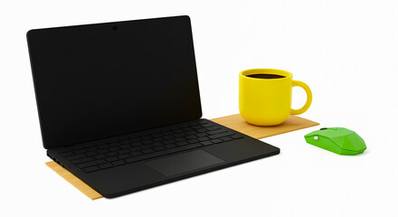 Modern digital workspace with a laptop, yellow mug, and computer mouse on a desk, perfect for productivity and remote work setups