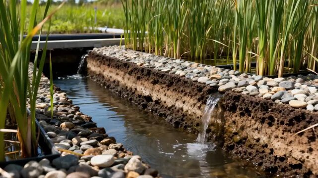 Medium shot showcasing subsurface flow wetland with layered gravel and reeds treating wastewater through underground filtration.